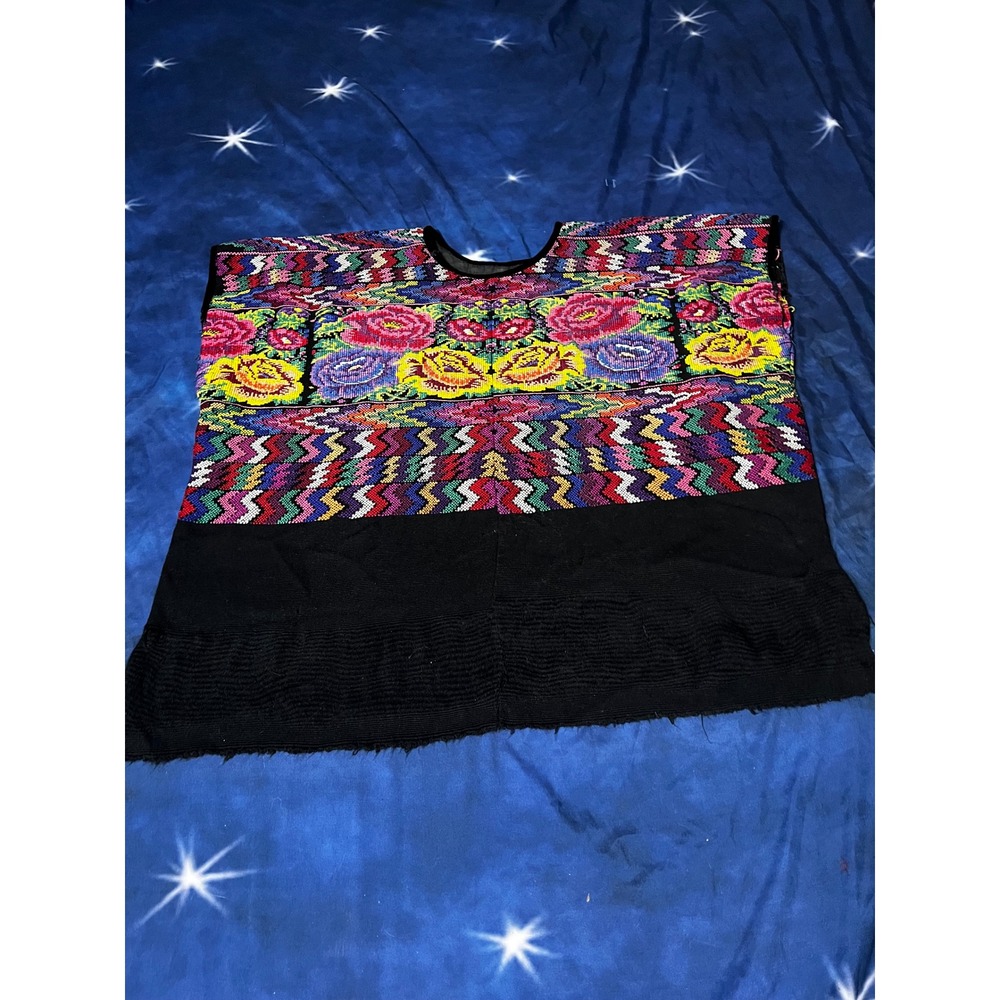 Vintage Guatemalan Huipil Floral Embroidered Boho Poncho Top Black Multi